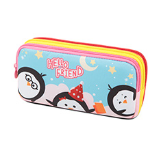 Kids Multiple Compartmens Rectangular Pencil Case Triple Zip Pockets In Prints