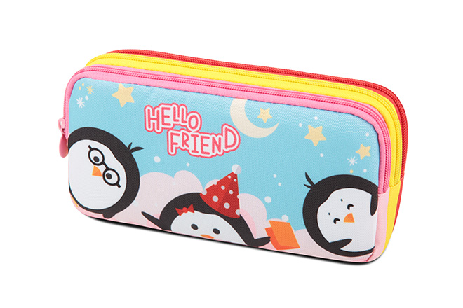 Kids Multiple Compartmens Rectangular Pencil Case Triple Zip Pockets In Prints