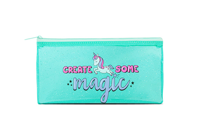 Kids Single Compartment Glitter Color Transparent PVC Flat Shape Pencil Case In Prints