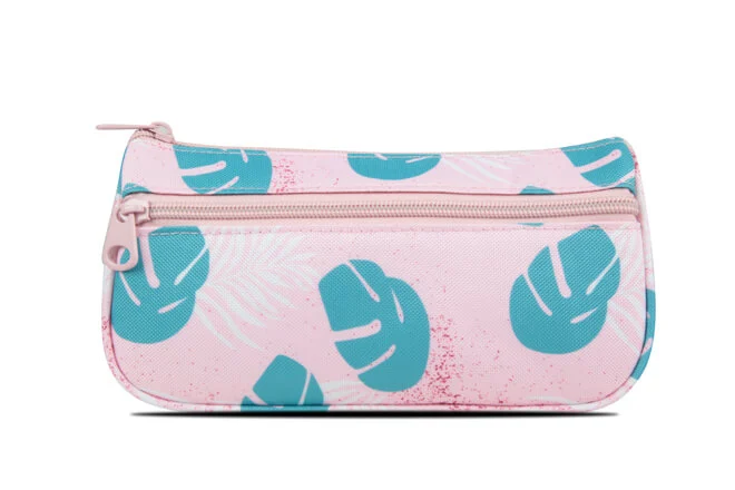 Two Compartments RPET Boat Shape Pencil Case With Front Zip Pocket In Prints