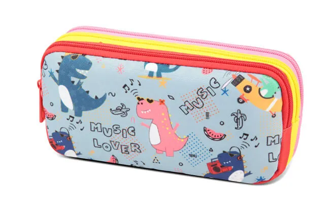 Kids Multiple Compartmens Rectangular Pencil Case Triple Zip Pockets In Dino Prints