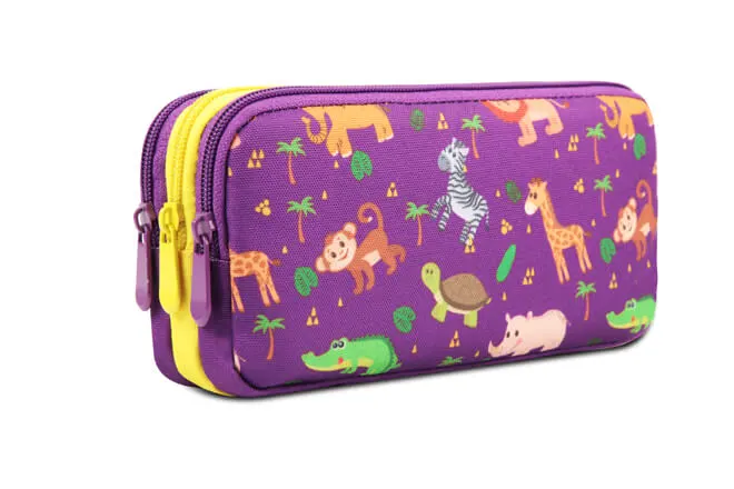 Kids Multiple Compartmens Rectangular Pencil Case Trip Zip Pockets-Forest Friends